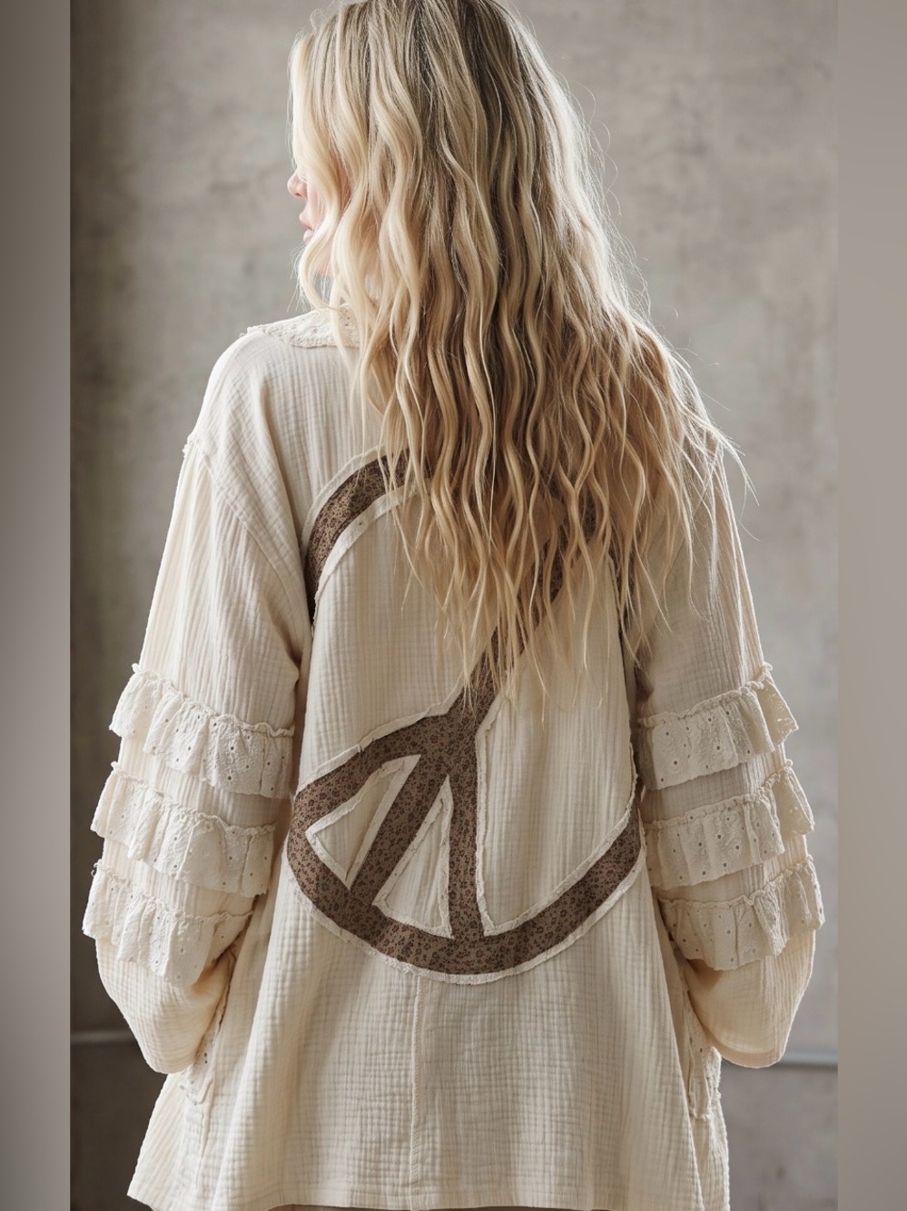 NWT POL Peace Patchwork Boho Ruffle Crochet Eyelet Open Cardigan - Picture 8 of 11